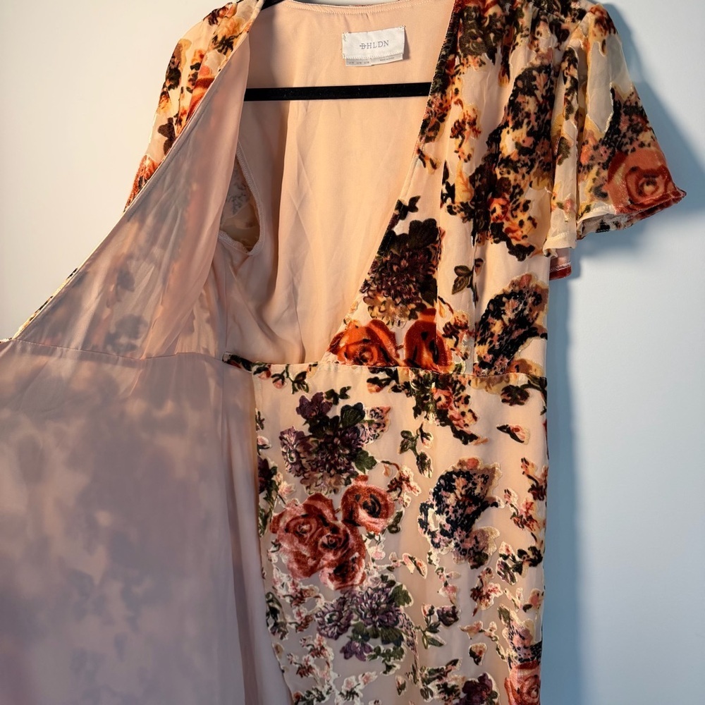 BHLDN Anthro Blush Velvet Burnout Floral Wrap Midi Dress Wedding Bridesmaid MED - Picture 6 of 12